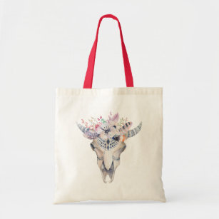 Boho Bill Skull Flowers & Feathers Tote Bag