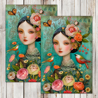 BOHO BIRD AND FLOWER GIRL DECOUPAGE TISSUE PAPER