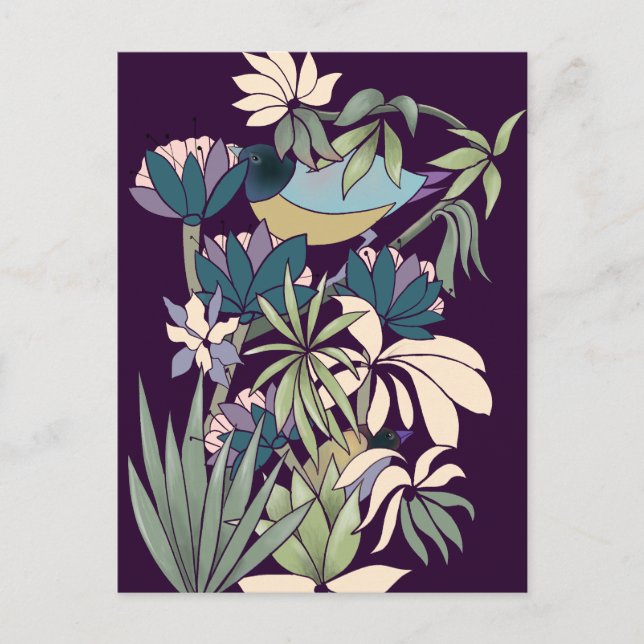 Boho bird flower garden purple postcard (Front)
