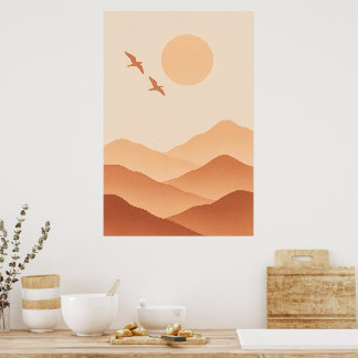 Boho Birds & Mountain Sun – Minimalist Nature Poster