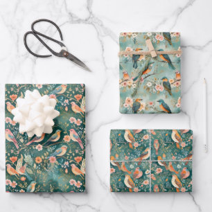 Boho Birds on Branches Botanical Wrapping Paper Sheet
