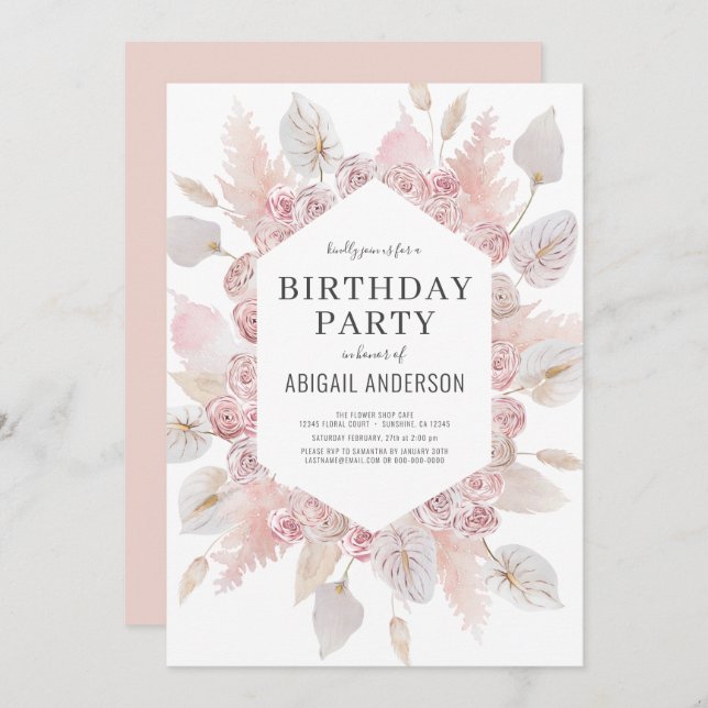 Boho Birthday Blush Pink Any Age Party  Invitation (Front/Back)