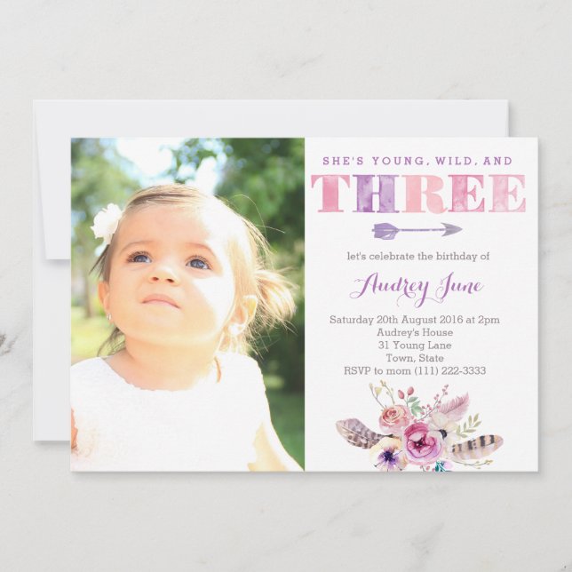 boho birthday party, bohemian 3rd birthday, three invitation (Front)