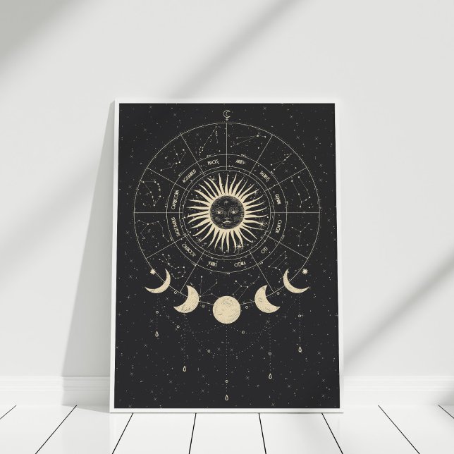 Boho Black and Beige Zodiac Moon Phases Poster (Boho Black and Beige Zodiac Moon Phases Poster in a white frame against white wall.)