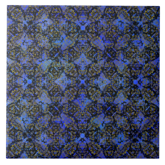 Boho Black and Blue Diamond Pattern Ceramic Tile (Front)