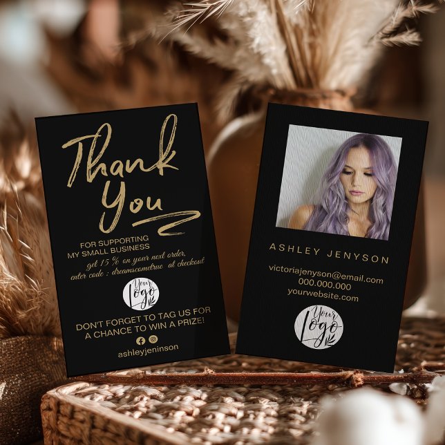 Boho Black and Gold Script Photo Thank You Logo Business Card (Boho Black and Gold Script Photo Thank You Logo Business Card)