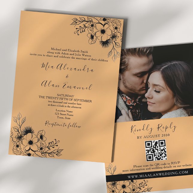 Boho Black and Orange All in One Wedding Invitation (Creator Uploaded)