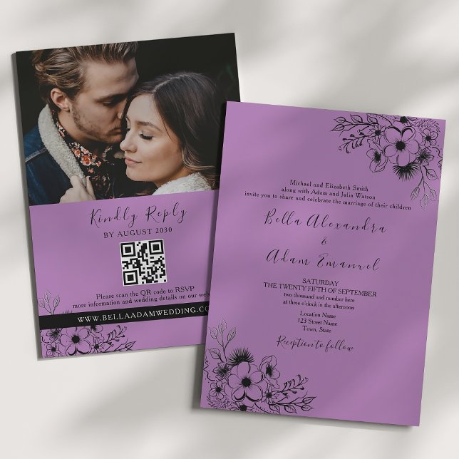 Boho Black and Purple All in One Wedding Invitation (Creator Uploaded)