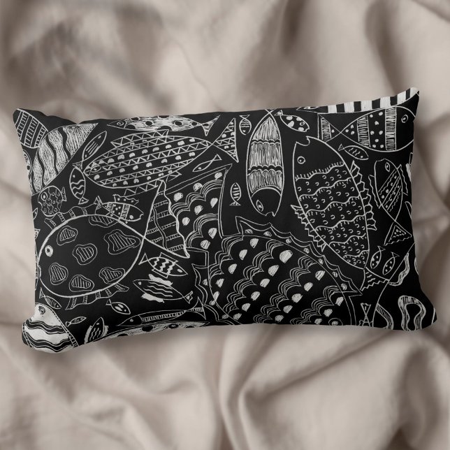  Boho Black And White Decorative Fish Pattern Lumbar Cushion (Creator Uploaded)