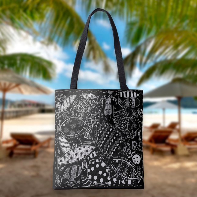 Boho Black And White Decorative Fish Pattern Tote Bag (Creator Uploaded)