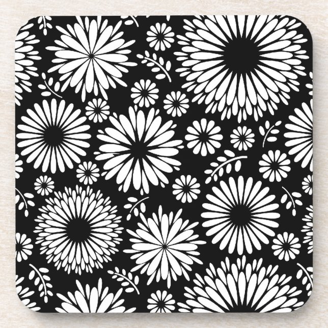 Boho Black and White Folk Flower Starburst Pattern Coaster (Front)