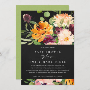 BOHO BLACK BLUSH YELLOW ORANGE FLORAL BABY SHOWER INVITATION