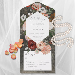 Boho Black Burgundy Fall Floral Dinner All In One Invitation