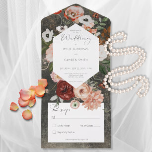 Boho Black Burgundy Fall Floral No Dinner All In One Invitation
