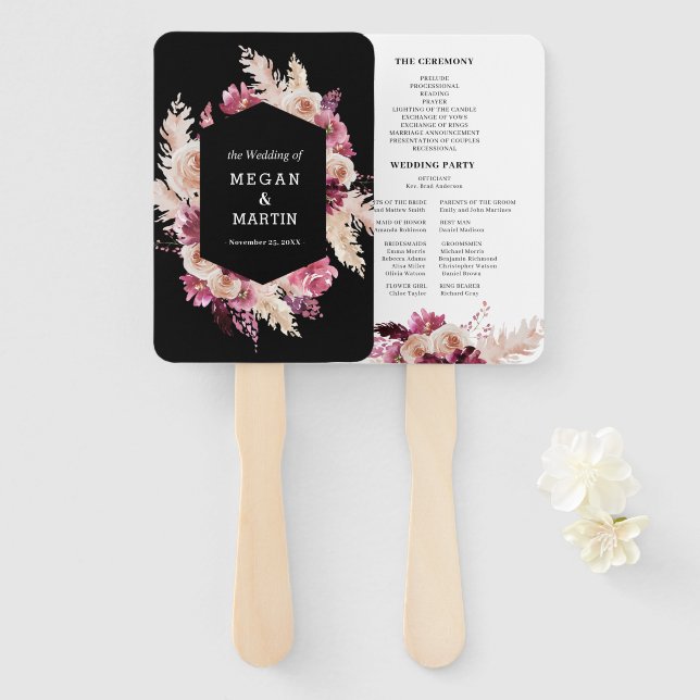 Boho Black Burgundy Floral Wedding  Hand Fan (Front and Back)