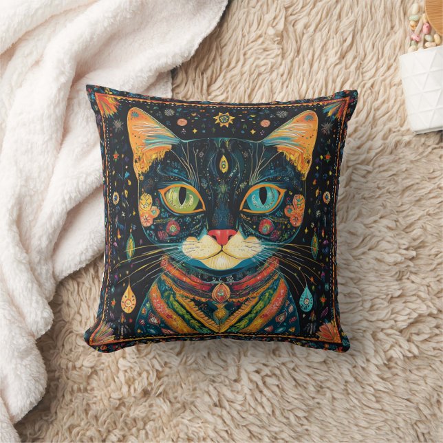  Boho Black Cat Pattern Throw Pillow (Blanket)