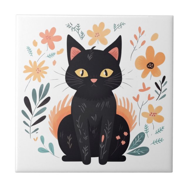 Boho Black Cat Scandinavian Folk Art Ceramic Tile (Front)