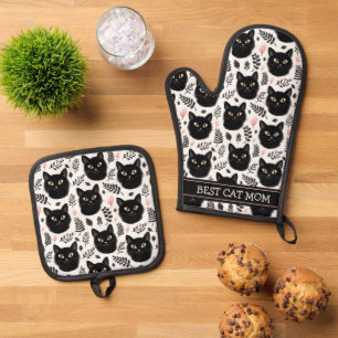 Boho Black Cats and Leaves Pattern Best Mum Oven Mitt & Pot Holder Set