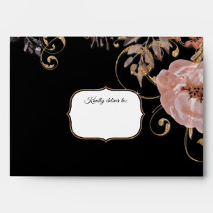 BOHO Black Fall Floral Pink Rose Gold Watercolor Envelope