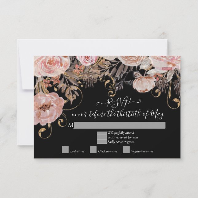 Boho Black Floral Pink Rose Gold RSVP Custom Back Card (Front)