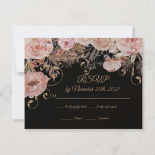 Boho Black Floral Pink Rose Gold RSVP Custom Card