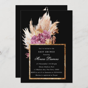 Boho Black, Gold Floral Bridal Shower Invitation