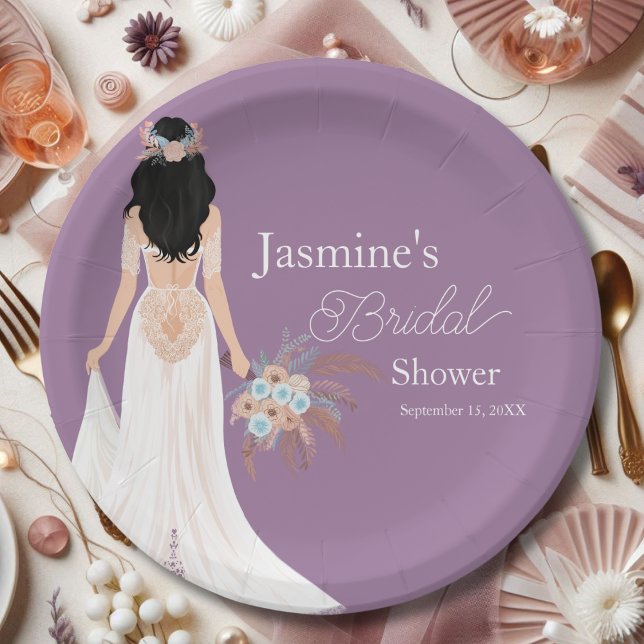  Boho Black Hair Bride With Flowers Paper Plate (Creator Uploaded)