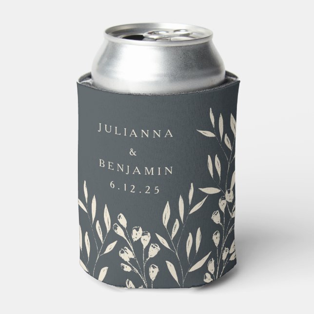 Boho Black Hand Drawn Floral Wedding Names Can Cooler (Can Front)