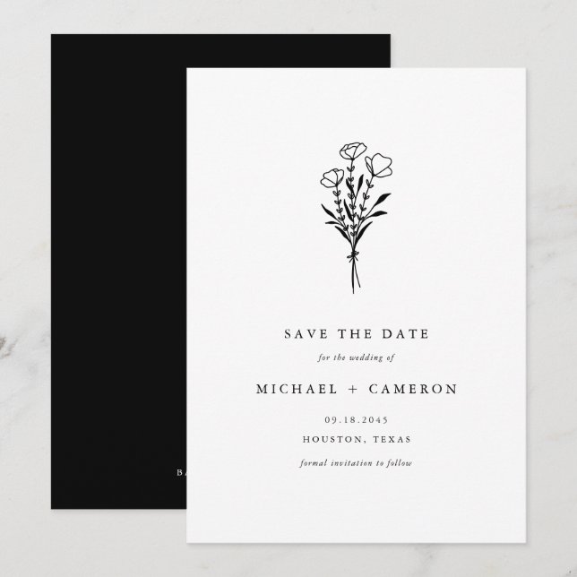 Boho Black Minimalist Botanical Bouquet Save The Date (Front/Back)