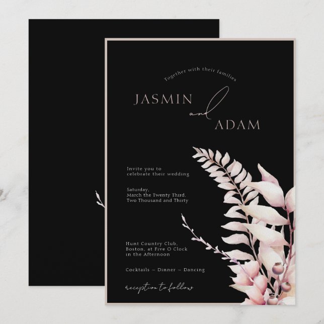 Boho Black Soft Pink Floral Wedding  Invitation (Front/Back)