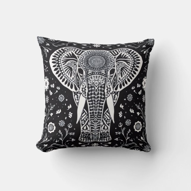Boho Black & White Batik Elephant Cushion (Front)