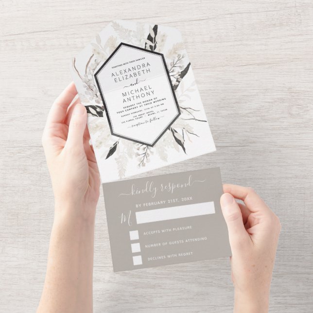 Boho Black White Beige Botanical Wedding All In On All In One Invitation (Tearaway)