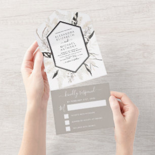 Boho Black White Beige Botanical Wedding All In On All In One Invitation