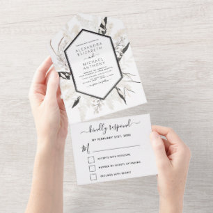 Boho Black White Beige Botanical Wedding All In One Invitation