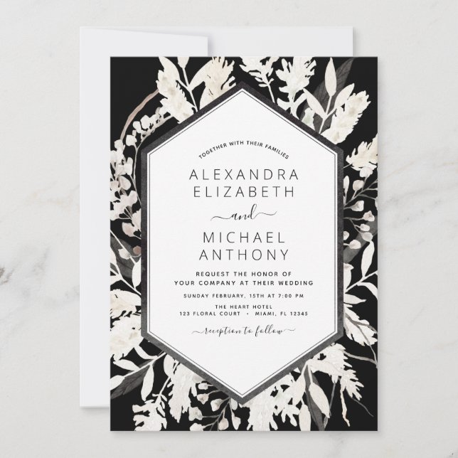 Boho Black White Beige Botanical Wedding Invitation (Front)