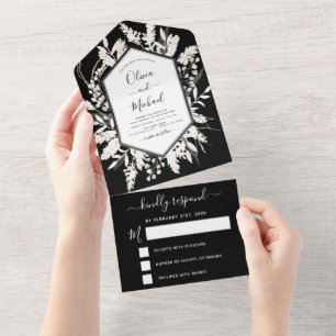 Boho Black White Beige Botanical Wedding RSVP All In One Invitation