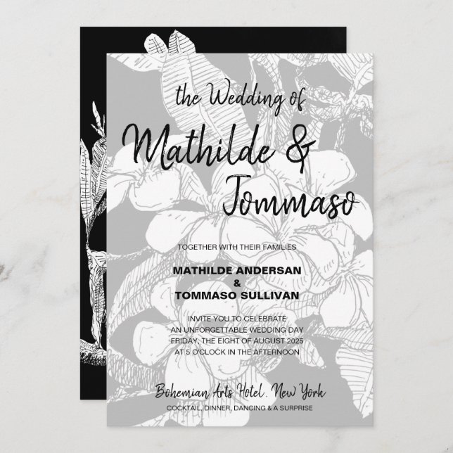 Boho Black White Drawing Floral Wedding Invitation (Front/Back)