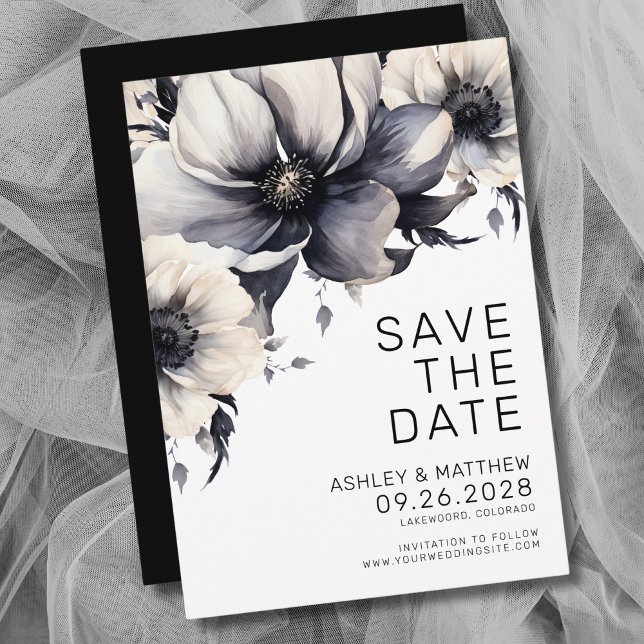 Boho Black White Floral Wedding Save The Date (Modern Boho Black White Floral Wedding Save The Date)