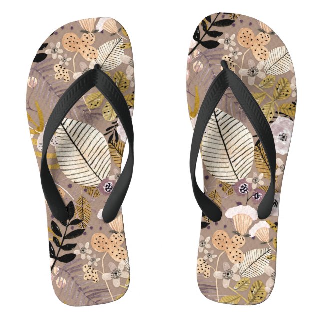 Boho Black White Gold Peach Line Drawn Leaf Floral Thongs (Footbed)