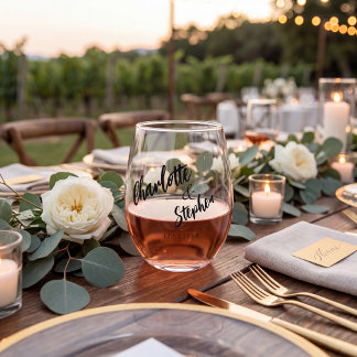 Boho black white minimalist script wedding custom  stemless wine glass