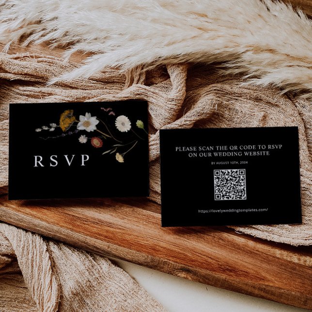 Boho Black Wildflower Wedding RSVP QR Code Card (Creator Uploaded)