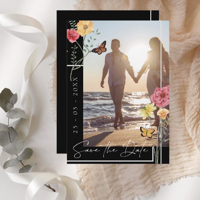 Boho Black Wildflowers Photo Save the Date (Creator Uploaded)