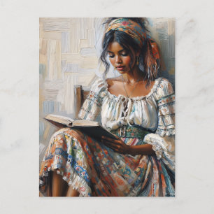 Boho Black Woman Reading Bohemian Postcard