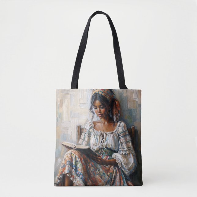 Boho Black Woman Reading Tote Bag (Front)