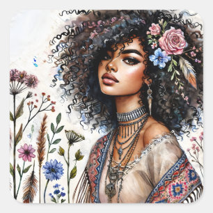 Boho Black Woman With Curly Hair Watercolor Square Sticker