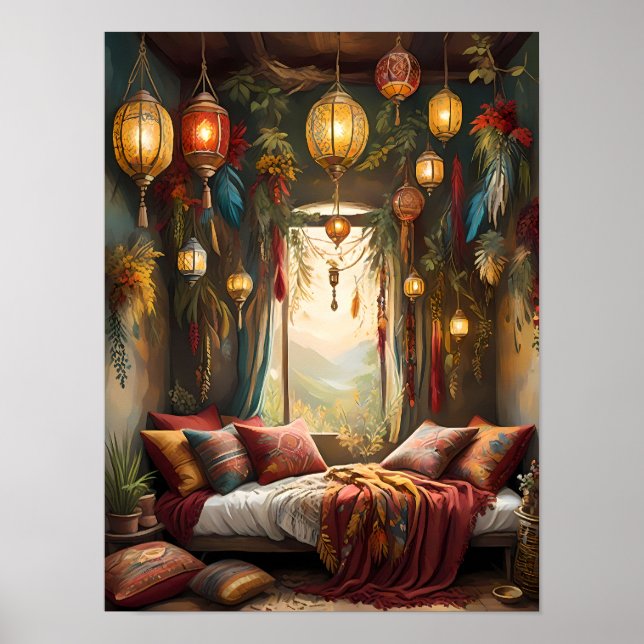 Boho Bliss – Aesthetic Bohemian Bedroom  Poster (Front)