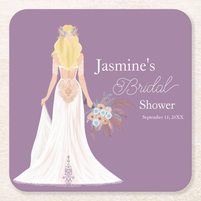 Boho Blonde Hair Bride With Flowers Square Paper Coaster (Front)