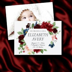 Boho Bloom   Bugundy Red and Navy Blue Photo Birth Announcement