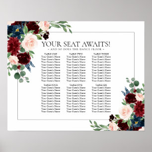Boho Bloom Burgundy and Navy 6 Table Seat Chart