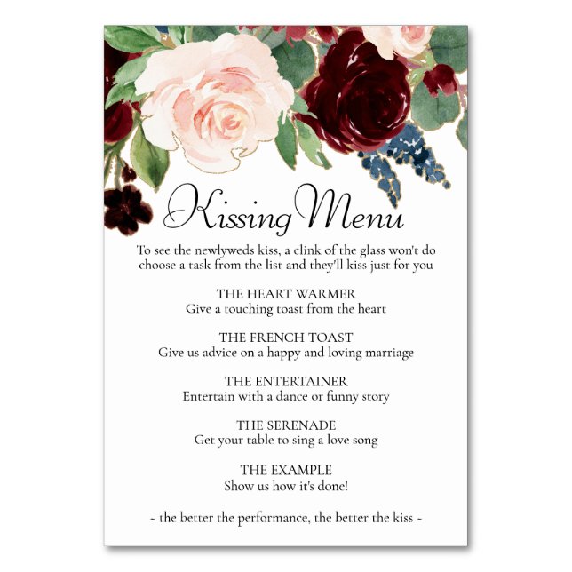 Boho Bloom | Burgundy and Navy Blue Kissing Menu Table Number (Front)